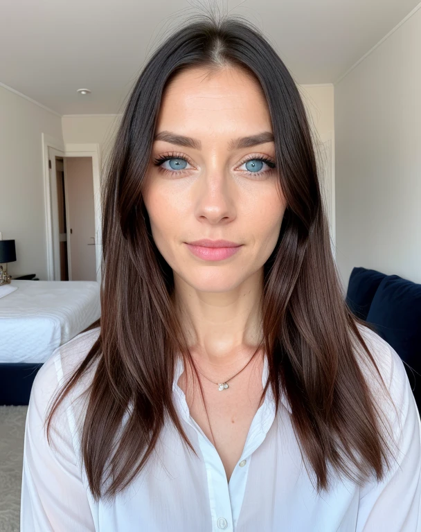 woman of 30 years old with blue eyes, with long hair, looking directly at the camera, with a natural makeup , very realistic, portrait picture, in her beautiful bedroom