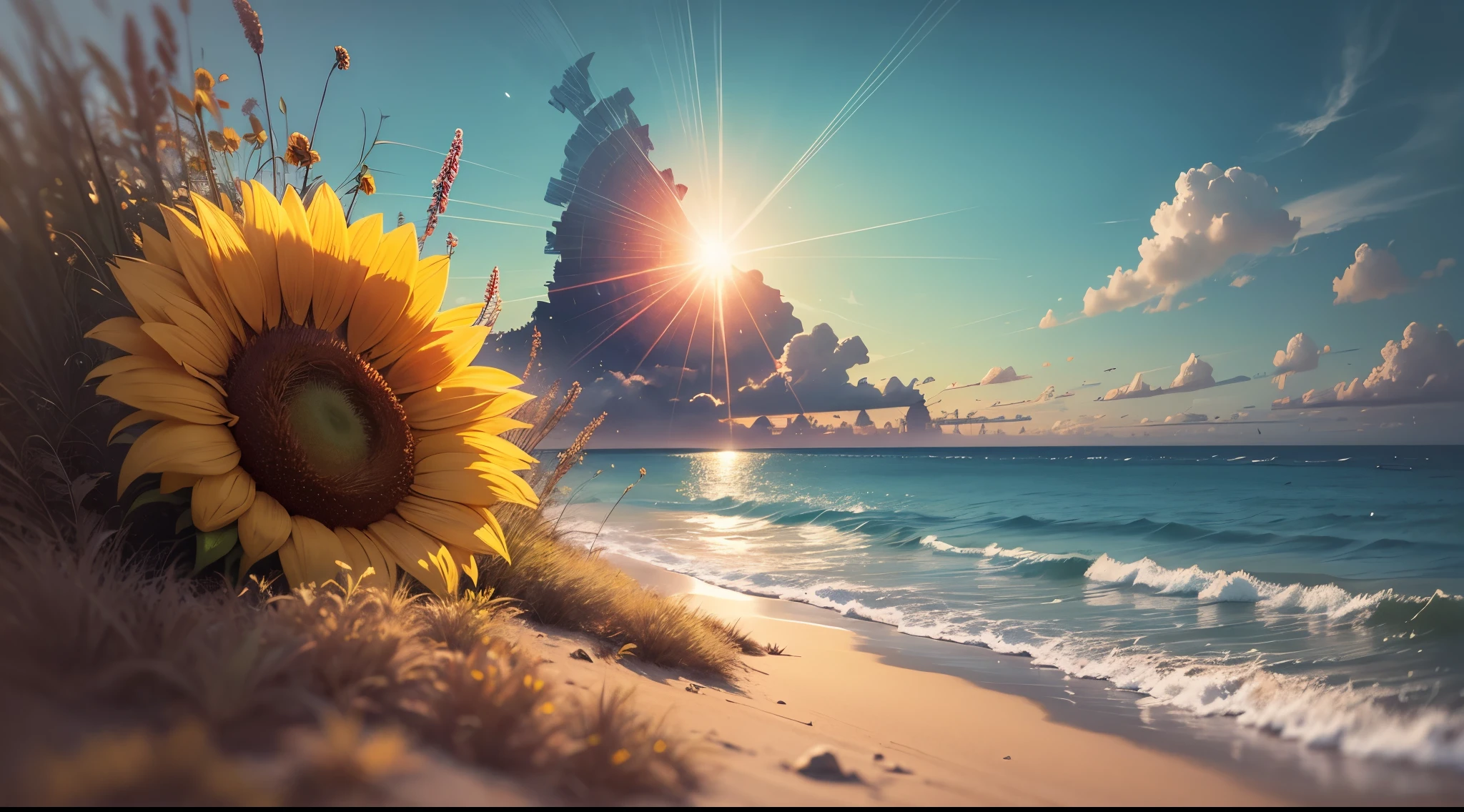 Sunflower, incident sunlight, blue sky, illustration, beautiful landscape, sharp focus, digital art, abstract art, mdjrny-v4 style, dunes, ocean