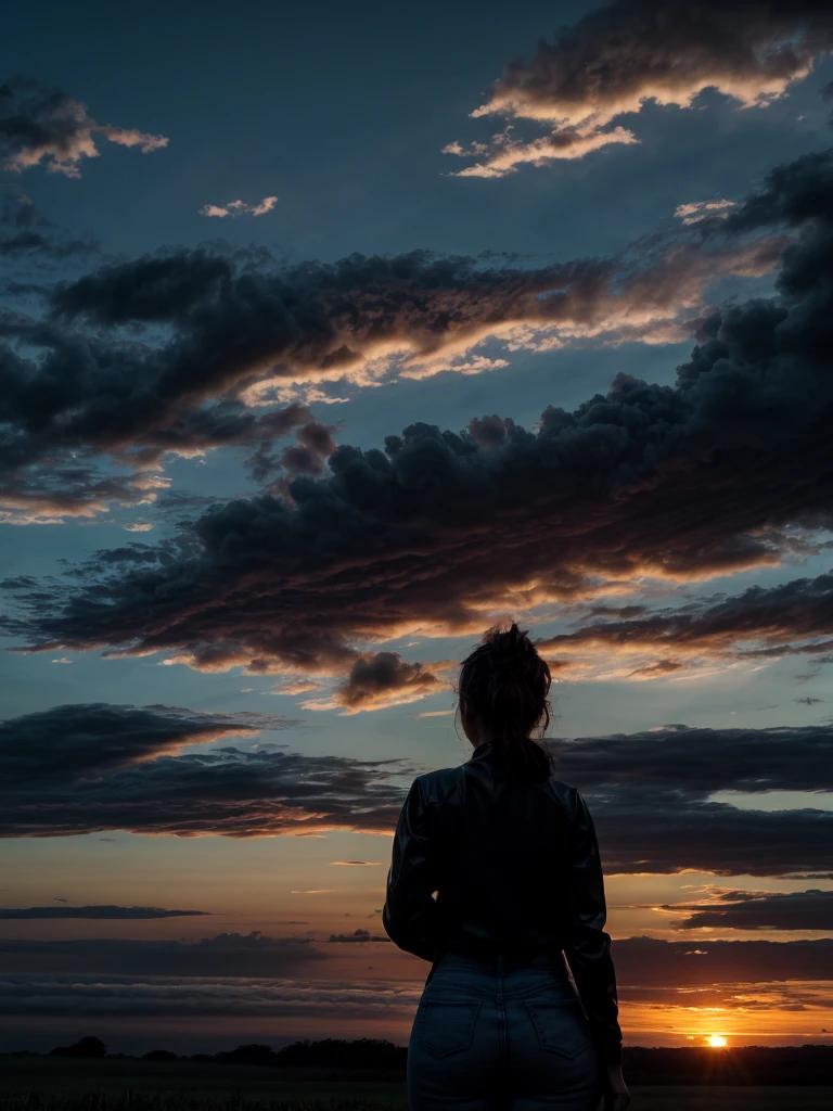 araffe silhouette of a woman standing in a field at sunset, sunset and big clouds behind her, with sunset, looking at sunset, during a sunset, girl watching sunset, at a beautiful sunset, during sunset, with a sunset, looking at the sky, silhouette over sunset, looking out at a sunset, looking off into the sunset, looking to the sky, fireworks