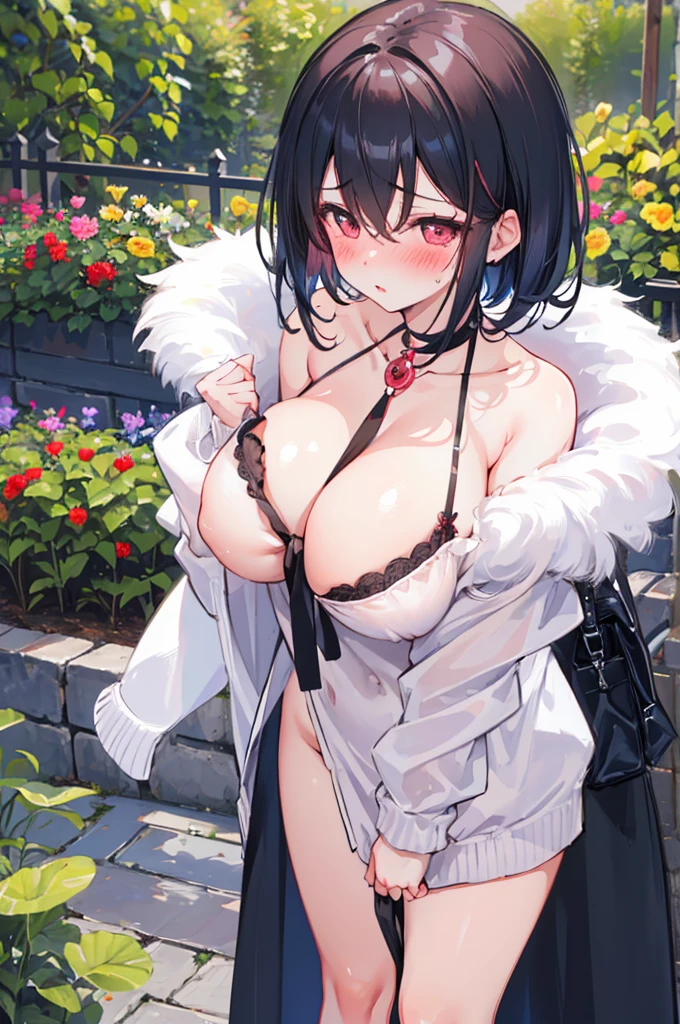 Perfect human body，1 girl， (very highly detailed background，garden), clavicle，Small dresow tie，((woman with fever)),  (huge tits:1.2)，((Indecent expressionlush blush:1.2),