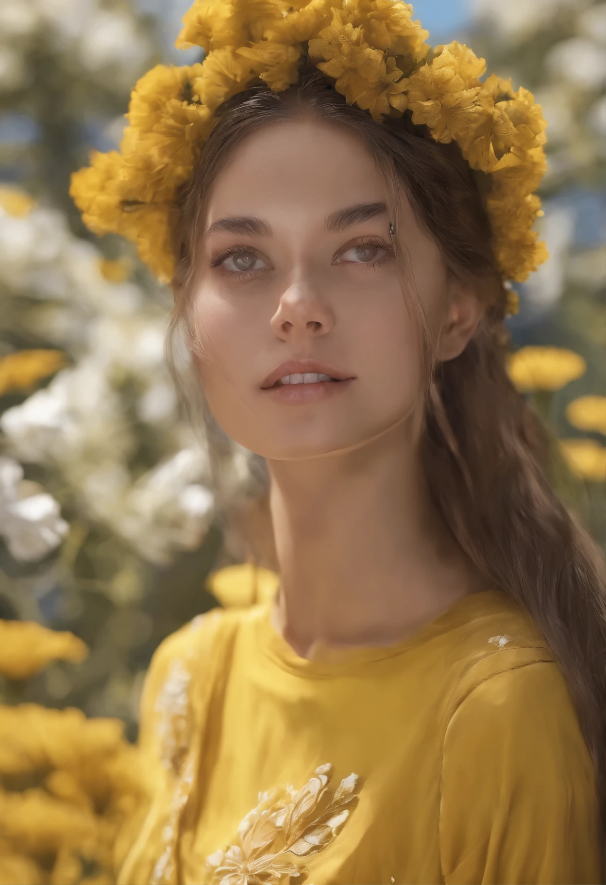 ((maximum quality, 8k)), (realista), (foco facial: 1.1), (amarelo: 1.3), sexy menina, cabelo curto,
hair fluttering in the wind, virado para o lado, Olhe para o seu rosto, olhos fechados, (sem mangas: 1.1)、saia, Seios D-cup,Countless petals are falling