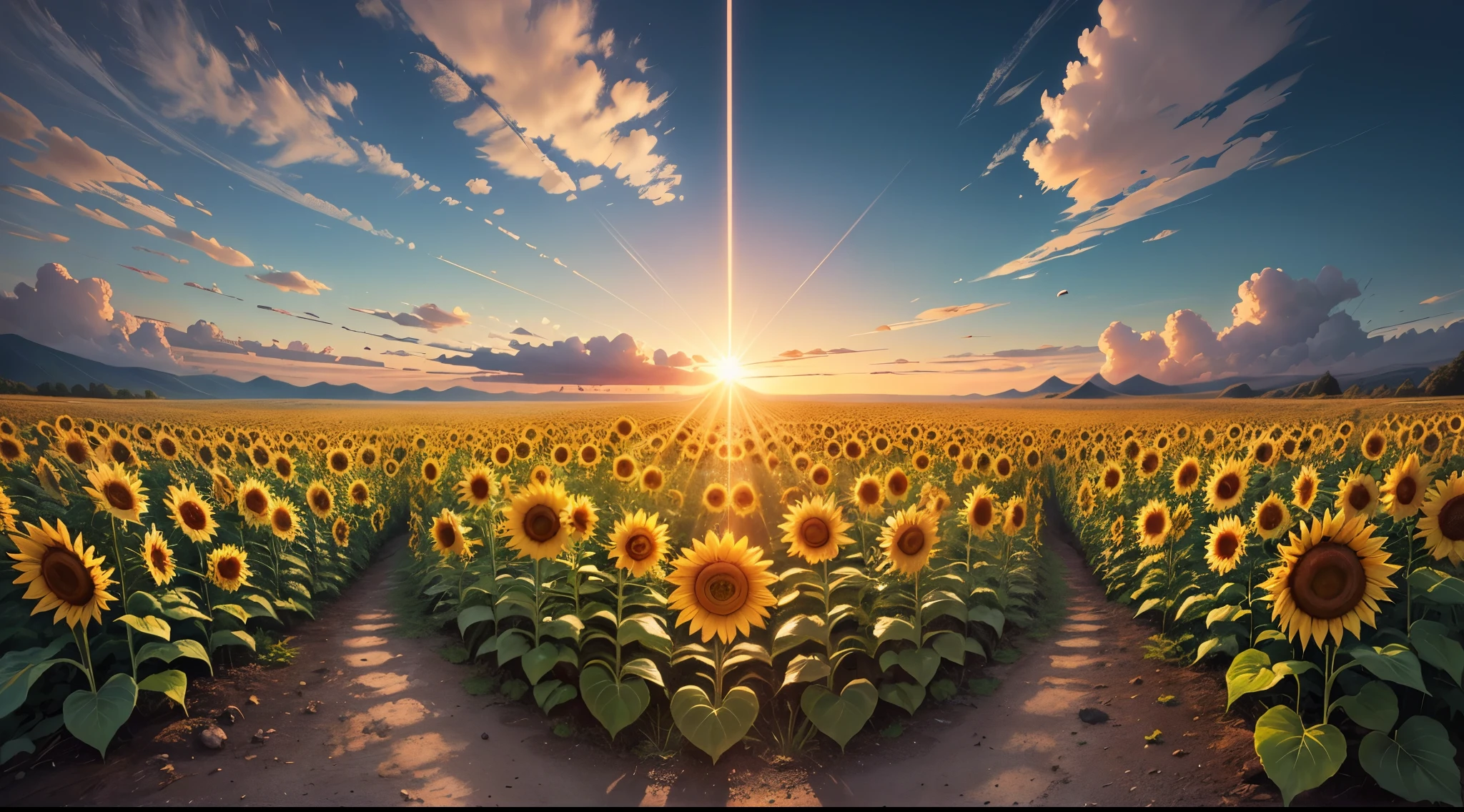 Sunflower, incident sunlight, blue sky, illustration, beautiful landscape, sharp focus, digital art, abstract art, mdjrny-v4 style