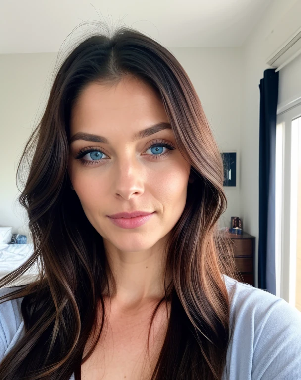 beautiful woman of 30 years old with blue eyes, with long hair, looking directly at the camera, with a natural makeup , very realistic, portrait picture, in her beautiful bedroom