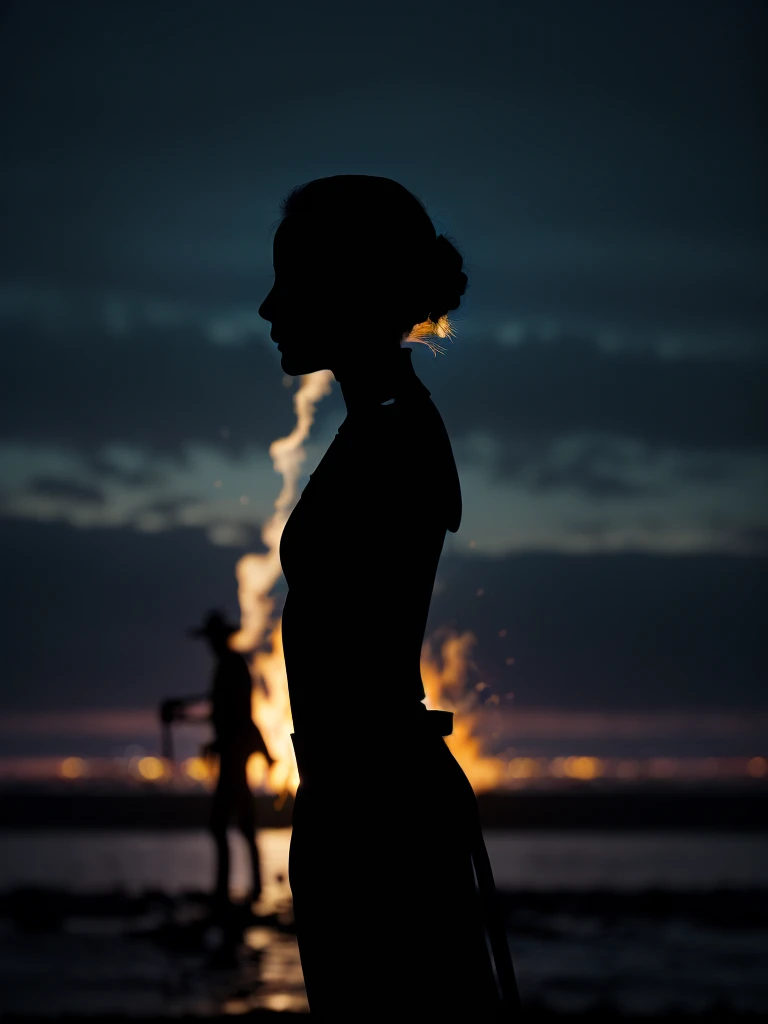 (Silhouette Art,cutouts:1.6) ((( cutting art,A world where only white exists:1.3) (Cowboy Shot),1 girl、Solo, (doress, profile:1.2),white, Clear and beautiful face, FIRE WORKS AT THE CITY
