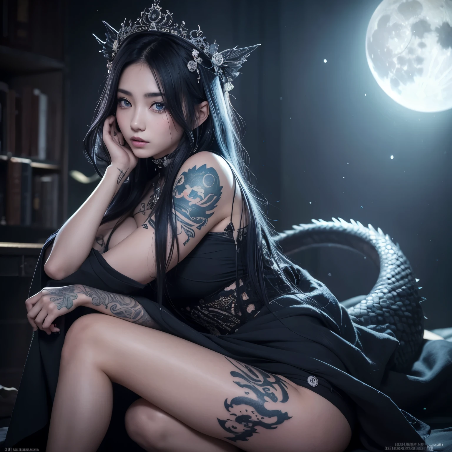 es una chica de la realeza con tatuajes de luna, tiene ojos penetrantes, lleva un vestido de la realeza, tiene un tatuaje en forma de luna en la frente, tiene el pelo largo y color azul oscuro, sus ojos son uno de color azul oscuro y otro verde, la chica mira hacia la derecha, la chica trae una corona de la realeza, es una princesa, tiene un tatuaje de un dragon en el brazo izquierdo, es blanca, es coreana, es una chica hermosa coreana, joven hermosa coreana, her face is like an orchid