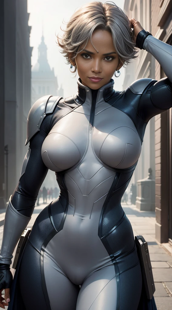 X-MEN STORM,Halle Berry,smile,gray hair,masterpiece,highest quality,