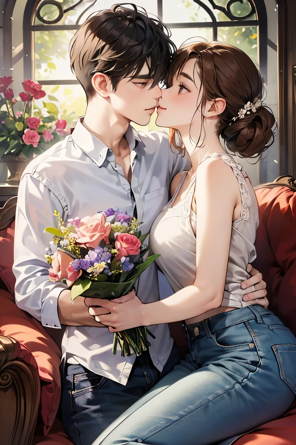 (muste piece, 4K,8K, Super detailed, beautiful images, Sharp Image, photorealistic,perfect face, perfect lines, Perfect eyes, soft lighting) 1 woman, (Brown hair,Chignon hair in a high position,Innocent look,Lowered eyebrows,drooping eyebrows,droopy eyes,cute large eyes,natural makeup,gentle smile,Round jaws,a matural female:1.3),スーツ姿のハンサムなmale性2人, (male,male性はスーツ姿,muscular,Firm shoulder width, maleの,Boyish hairstyle,English gentlemanly style,クールな表情の成熟male性,明るい笑顔の成熟male性:1.2),(Nervous,embarrassed,sleepy,embarrassing:1.2),innocent smiles,(embarrassing,shy smile:1.1),Flower shop、First sale、Flower Cottage、kiss、couple、couplekiss、Romance、Lace white shirt、Skinny Denim、flower arrangement、western style sofa、flower bouquet