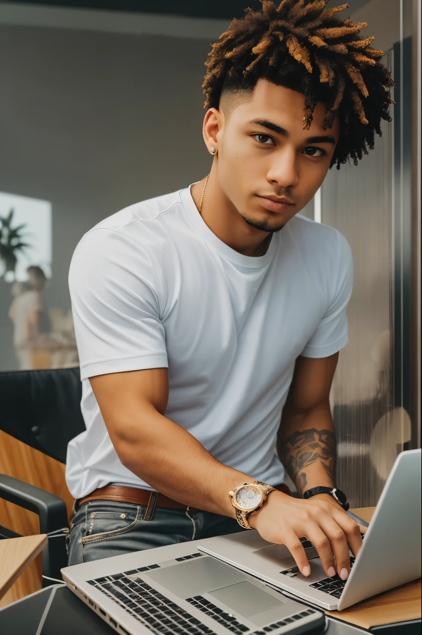 A young mixed race man sitting from the front in an office with a laptop with a white t-shirt and a golden rolex watch --auto --s2
