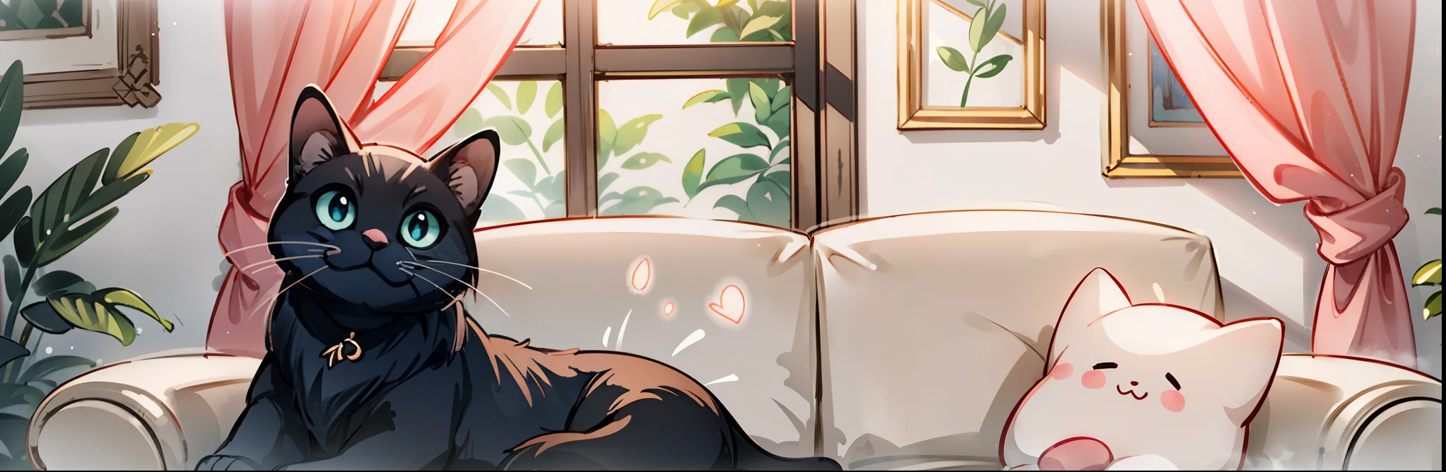 (masterpiece, highest quality, highest quality, official art, beautiful and aesthetic:1.2),Super detailed,intricate details,great illustrations,award winning art,atmosphere, break,
(light pink theme:1.25),living,sofa,window,Foliage plant,cute black cat,
break,(blurred background:1.3),(absurd, High resolution, super detail art),shading stuff,clear color, lonely optical effect, beautiful photo, bright shine, mysterious atmosphere,mysterious light particle effect,Manga influence, beautiful line drawing,