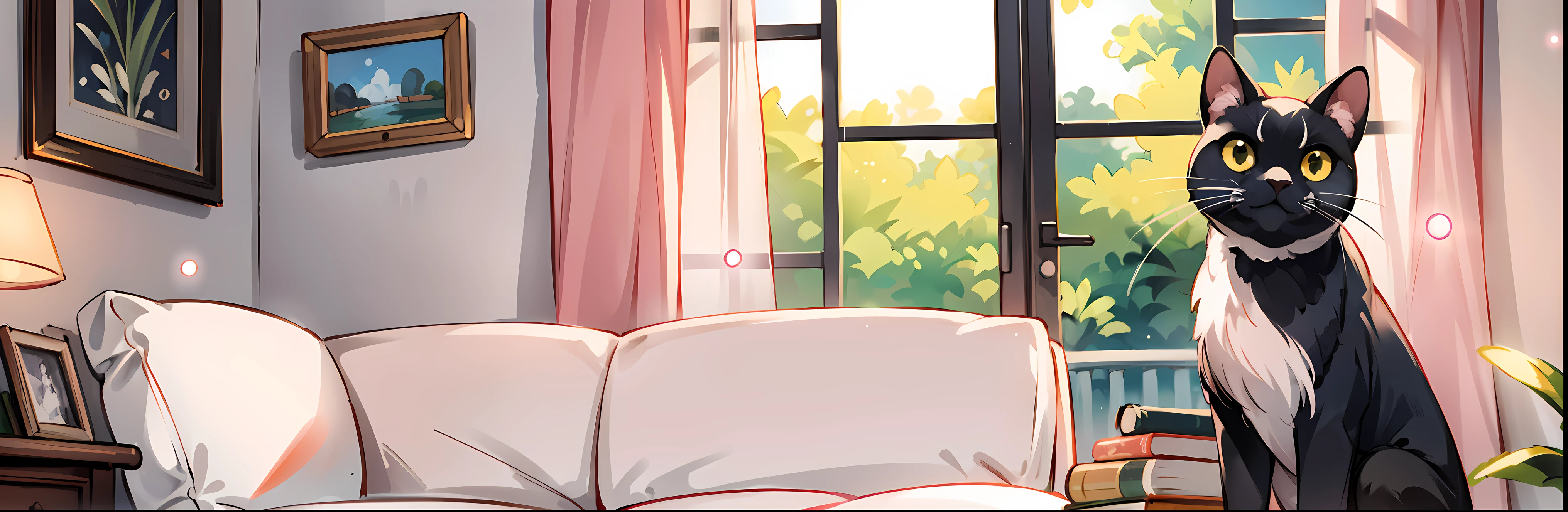 (masterpiece, highest quality, highest quality, official art, beautiful and aesthetic:1.2),Super detailed,intricate details,great illustrations,Award-winning work,atmosphere, break,
(light pink theme:1.25),Life,sofa,window,Foliage plant,cute black cat,
break,(blurry background:1.3),(absurd, High resolution, super detail art),shading related stuff,clear color, lonely optical effect, beautiful photo, bright shine, mysterious atmosphere,mysterious light particle effect,Manga influence, beautiful line drawing,