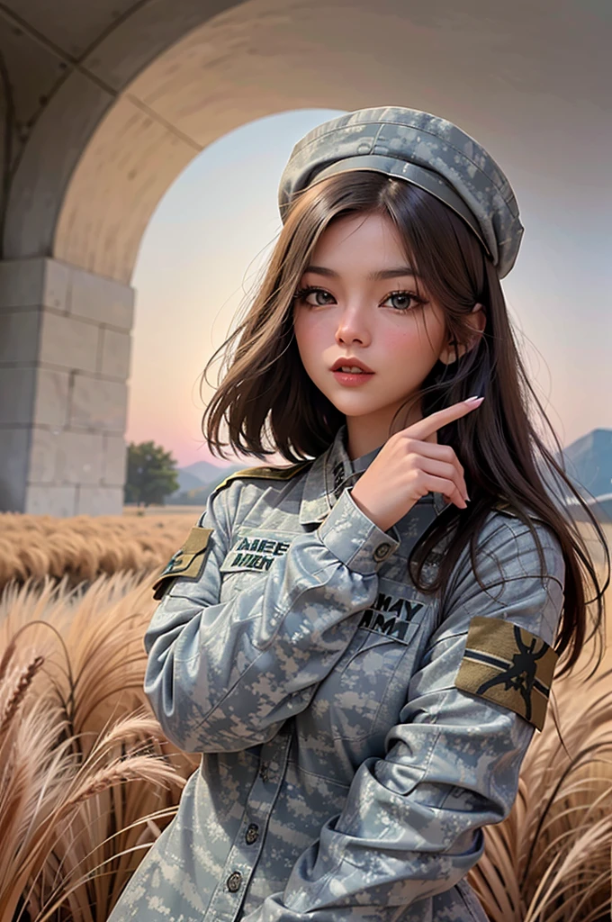 paparazzi photo of graciebon, wearing (army uniform:1.2), wheat field, upper body, fill lighting, eye level, 