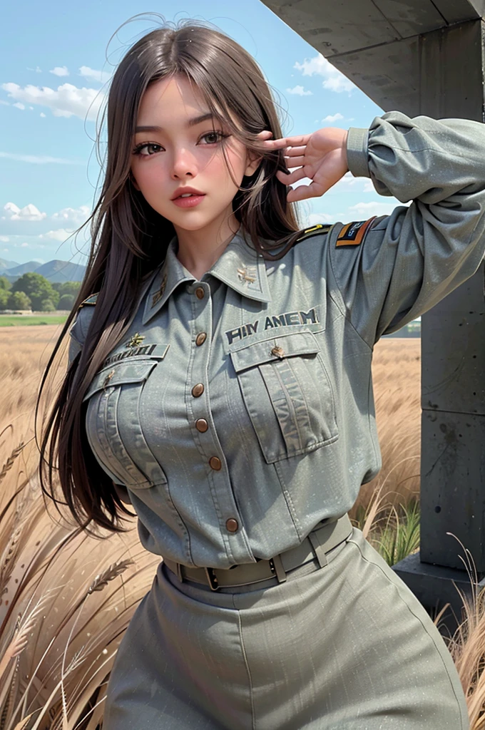 Teenage girl, dark brown ponytail, swipe chip military jacket, open shoulder, military t-shirt, military patterned pants, black boot tops, exquisite clothing details, village carcass background, gloomy clouds, 30k, high profile