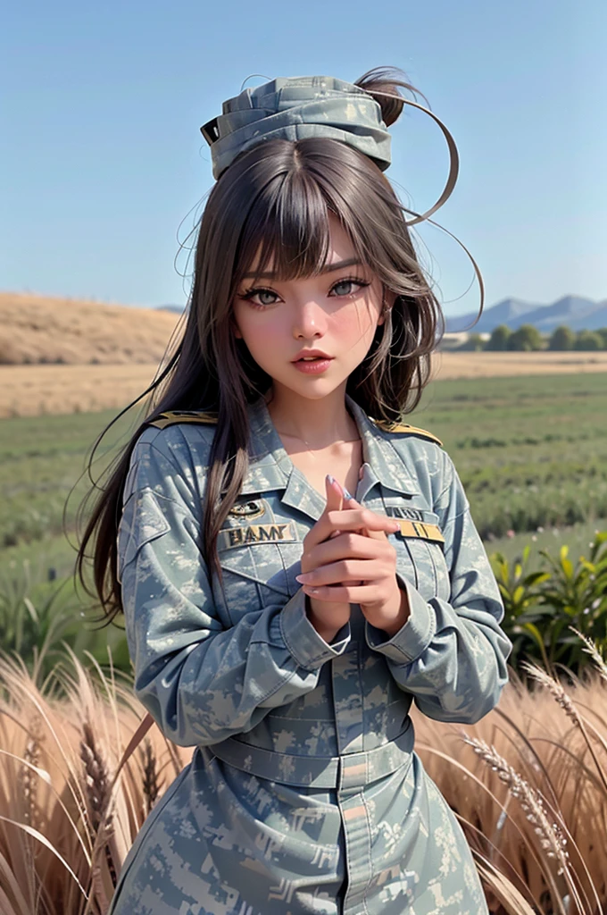 paparazzi photo of graciebon, wearing (army uniform:1.2), wheat field, upper body, fill lighting, eye level, 