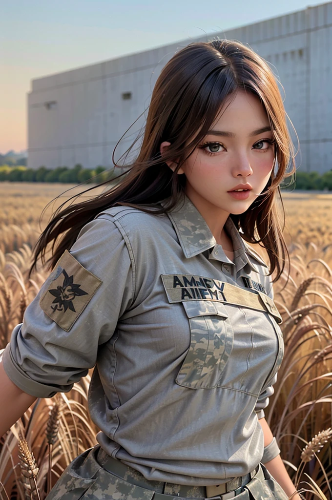 paparazzi photo of graciebon, wearing (army uniform:1.2), wheat field, upper body, fill lighting, eye level, 