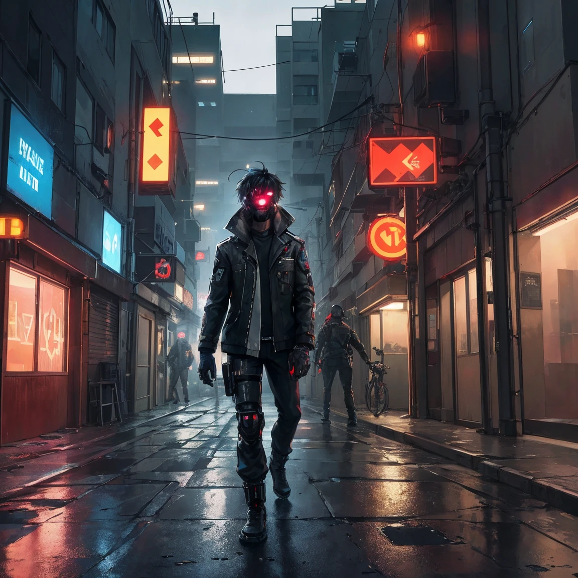 "(best quality,4k,8k,highres,masterpiece:1.2),ultra-detailed,realistic,photorealistic:1.37,cyberpunk,cityscape,1 boy,black hair,black eyes,cyborg,futuristic technology,neon lights,gritty atmosphere,dystopian,high-tech devices,hovering vehicles,AI implants,glowing tattoos,metallic exoskeleton,urban decay,dark alleyways,exposed wires,virtual reality headsets,high-rise buildings,smog-filled sky,street vendors,synthetic humans,holographic advertisements,fast-paced lifestyle,nightfall,rainy streets,wet pavement,reflection in puddles,abandoned structures,sewer steam,glitch effects,crime syndicates,hidden secrets,anarchy,bars with live music,illegal cybernetic enhancements,rebellious spirit,gritty graffiti,dilapidated flying cars,cybernetic implants,unseen dangers,surveillance cameras,cybernetic police,retro neon signs,underground hacking collectives,unauthorized access,bioluminescent plants,unique fashion styles,techno music,high-speed chases"