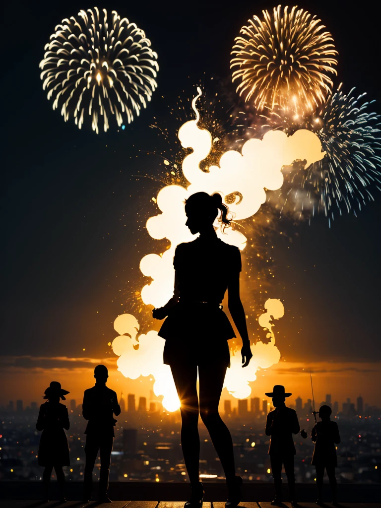 (Silhouette Art,cutouts:1.6), New year celebration, 1 girlClear and beautiful face, FIRE WORKS AT THE CITY