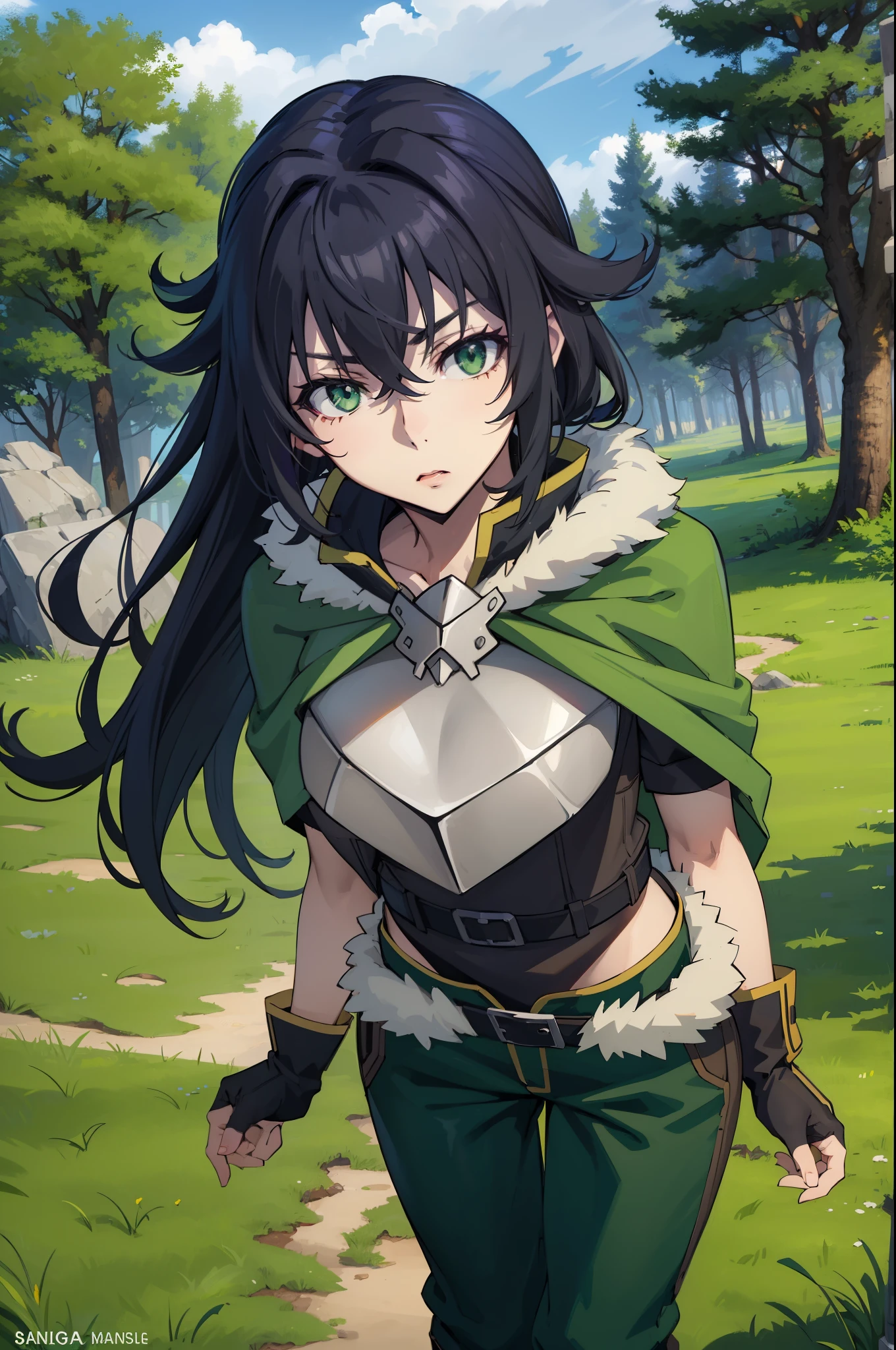 (masterpiece), best quality, expressive eyes, perfect face, highres, 1 girl, solo, (female body:1.3), iwatani naofumi girl, black hair, green eyes, fur trim, armor, green cape, pants, fingerless gloves, outdoor, forest, trees, standing, portrait, looking at the viewer