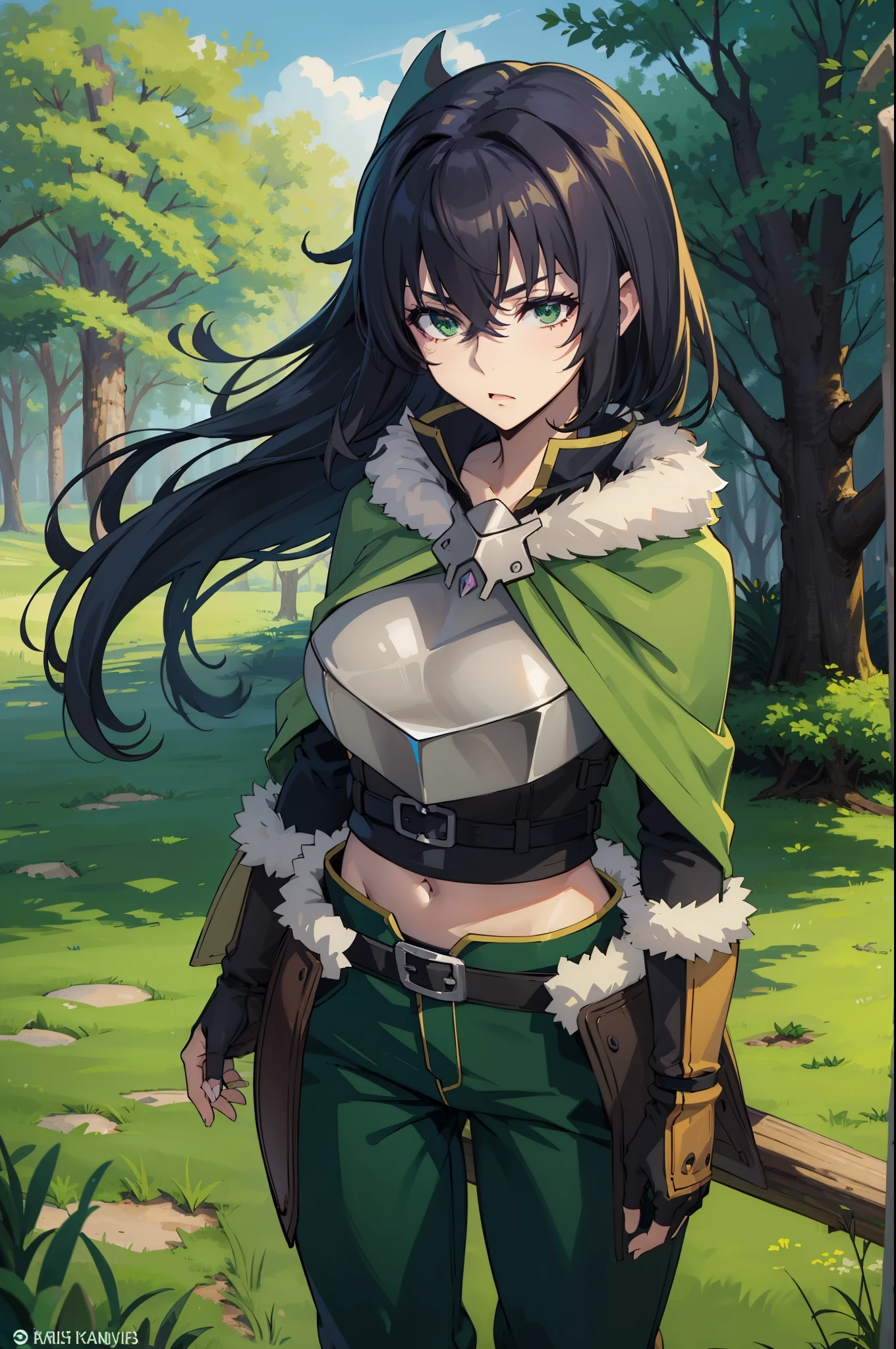 (masterpiece), best quality, expressive eyes, perfect face, highres, 1 girl, solo, (female body:1.3), iwatani naofumi girl, black hair, green eyes, fur trim, armor, green cape, pants, fingerless gloves, outdoor, forest, trees, standing, portrait, looking at the viewer