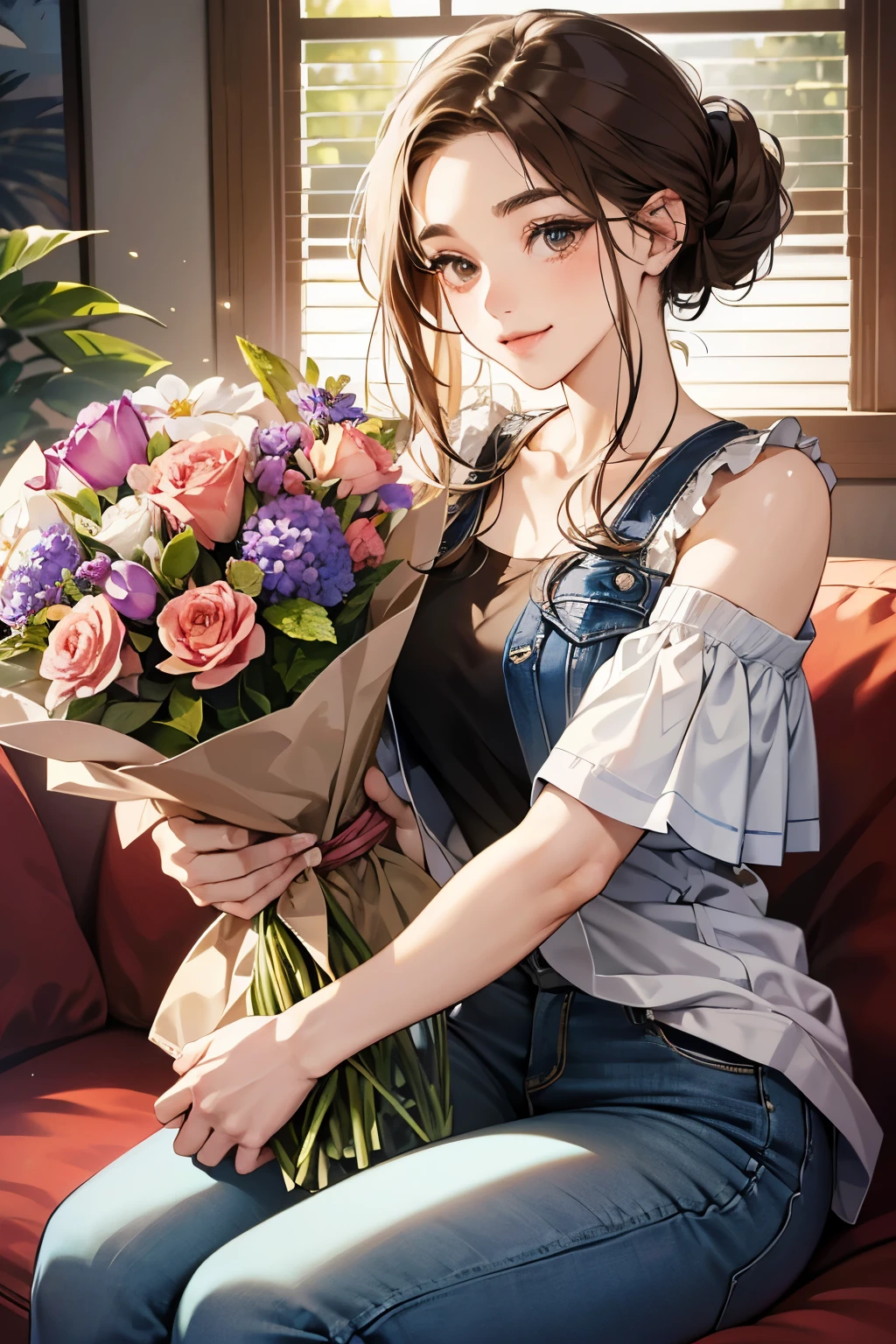 (muste piece, 4K,8K, Super detailed, beautiful images, Sharp Image, photorealistic,perfect face, perfect lines, Perfect eyes, soft lighting) 1 woman, (Brown hair,Chignon hair in a high position,Innocent look,Lowered eyebrows,drooping eyebrows,droopy eyes,cute large eyes,natural makeup,gentle smile,Round jaws,a matural female:1.3),スーツ姿のハンサムなmale性2人, (male,male性はスーツ姿,muscular,Firm shoulder width, maleの,Boyish hairstyle,English gentlemanly style,クールな表情の成熟male性,明るい笑顔の成熟male性:1.2),(Nervous,embarrassed,sleepy,embarrassing:1.2),innocent smiles,(embarrassing,shy smile:1.1),Flower shop、First sale、Flower Cottage、kiss、couple、couplekiss、Romance、Casual style、Skinny Denim、flower arrangement、western style sofa、flower bouquet