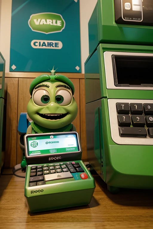 bonecos, estilo Pixar, with little green credit card machines, atendendo clientes, em fundo verde.