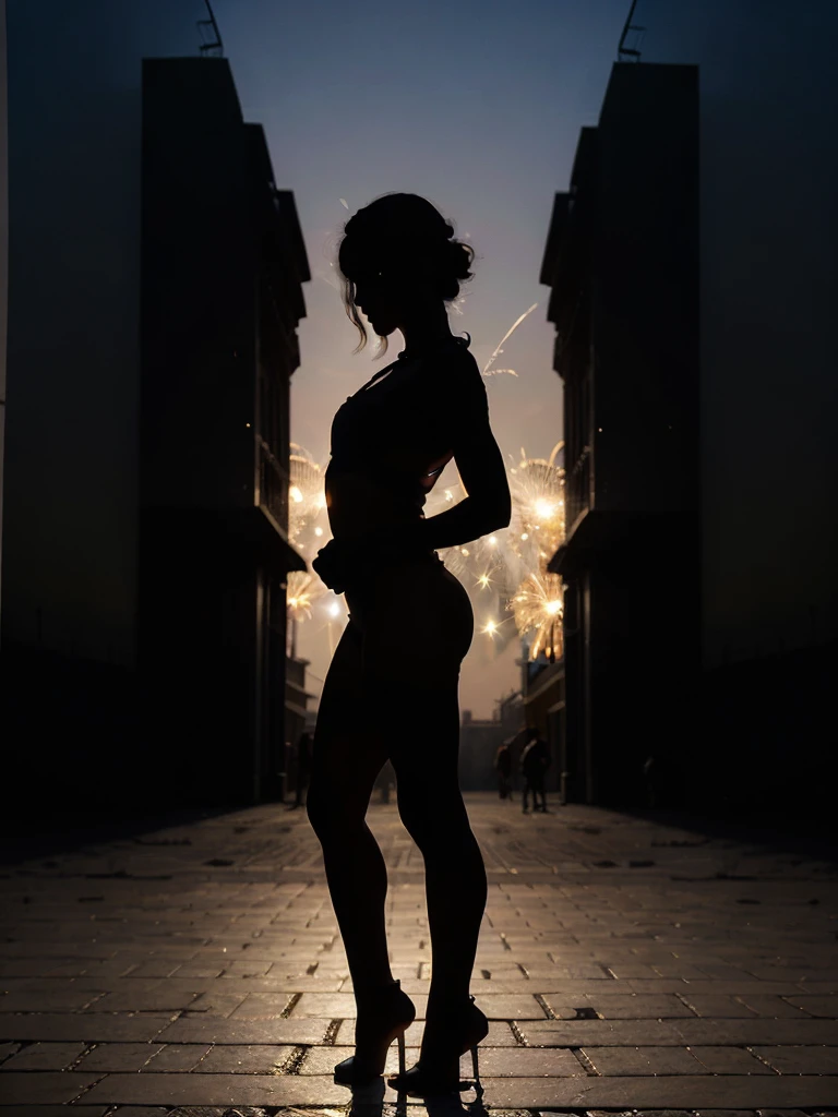 (Silhouette Art,cutouts:1.6), New year celebration, 1 girlClear and beautiful face, FIRE WORKS AT THE CITY