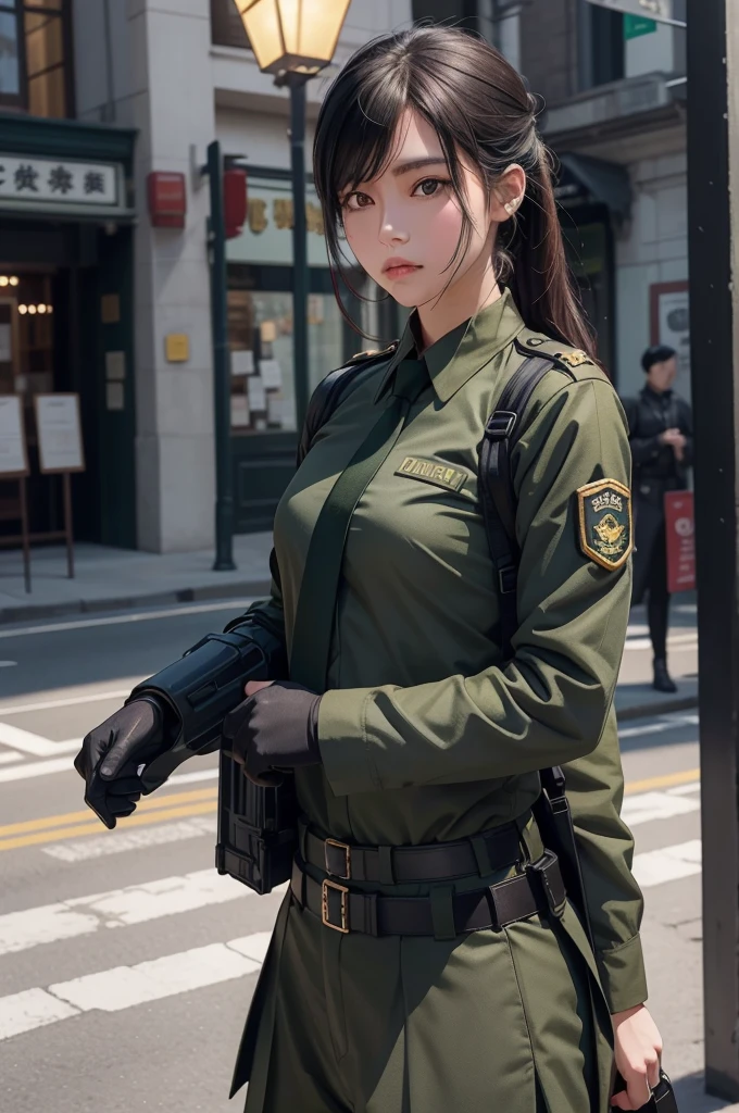 1girll, Female soldier，army suit，Dark green military uniform，Fabric texture: Armed police uniform，Pure white lining，Dark green tie，Black hair，the golden ratio,[:(com rosto detalhado:1.2):0.2]:,PureErosFace_V1, red flags，In the square，Splendid scenery，bright sun，upper body photos，Place your hands on your chest， Small flaglag of China，Night Street