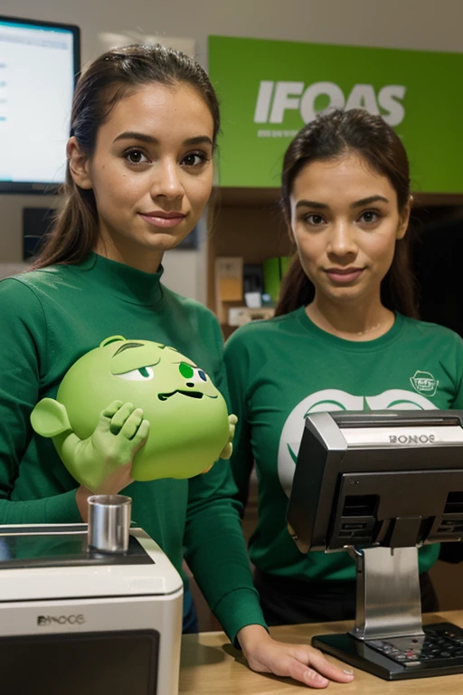 bonecos, em forma humanas, estilo Pixar, with little green credit card machines, atendendo clientes, em fundo verde.