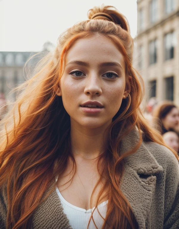 beautiful girl dancing with her friends, long red disheveled hair in a ponytail, (daylight concert background:1.2), light makeup, highly detailed, fine detail, intricate, beautiful detailed glow, detailed, natural light, highres, detailed facial features, sharp focus, smooth, aesthetic, in a daylight concert, bum, legs, winter coat