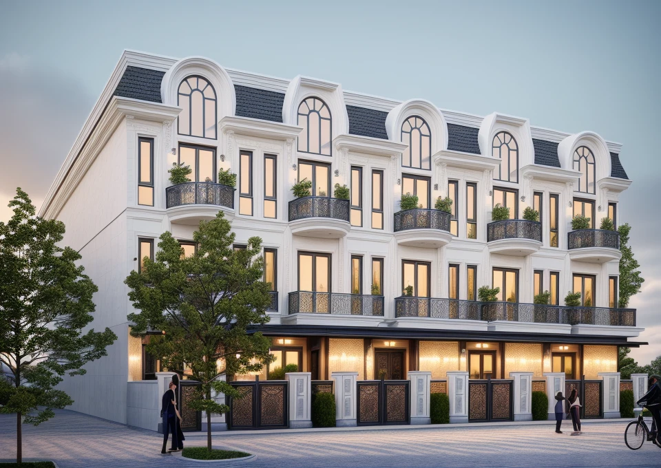 A beautiful Neo-classic exterior design that resembles life. The colors are vivid, with a wide range of tones to enhance the overall visual experience. The scene is set in a natural landscape, blending harmoniously with the surrounding environment. The architecture stands tall, reflecting the beauty of the Neo-classic style. The structure features intricate carvings, elegant columns, and grand entrances, giving it a sense of grandeur and sophistication. The composition is carefully arranged, with a balanced and visually appealing layout. The artwork is a true masterpiece, reflecting the talent and skill of the artist in capturing the beauty of the Neo-classic style, ((beautiful sky and cty background detail)), (best quality,8k,highres,masterpiece:1.5),ultra-detailed,(realistic,photorealistic,photo-realistic:1.5), The ambient lighting highlights the textures and details, creating a stock photo-like atmosphere, best quality, (((Best Quality: 1.5))), ((Super Detail: 1.5))(straight strokedetail:1.3), (Intricate lines:1.5), ((Photorealism:1.5)),(((hyper detail:1.5))), archdaily, award winning design, (dynamic light:1.5), (day light:1.5), (perfect light:1.5), Balcony ceiling lights, (light bulbs: 1.5), (shimering light :1.5), refection glass windows, trees, beautiful sky, photorealistic, FKAA, TXAA, RTX, SSAO, Post Processing, Post-Production, CGI, VFX, SFX, Full color,((Unreal Engine 5)), Canon EOS R5 Camera + Lens RF 45MP full-frame CMOS sensor, HDR, Realistic,8k,((Unreal Engine 5)), Cinematic intricate detail, extreme detail, science, hyper-detail, FKAA, super detail, super realistic, crazy detail, intricate detail, nice color grading, reflected light on glass, eye-catching wall lights, unreal engine 5, octane render, cinematic, trending on artstation, High-fidelity, Viwvid, Crisp, Sharp, Bright, Stunning, ((Lifelike)), Natural, ((Eye-catching)), Illuminating, Flawless, High-quality,Sharp edge rendering, medium soft lighting, photographic render, detailed archviz
