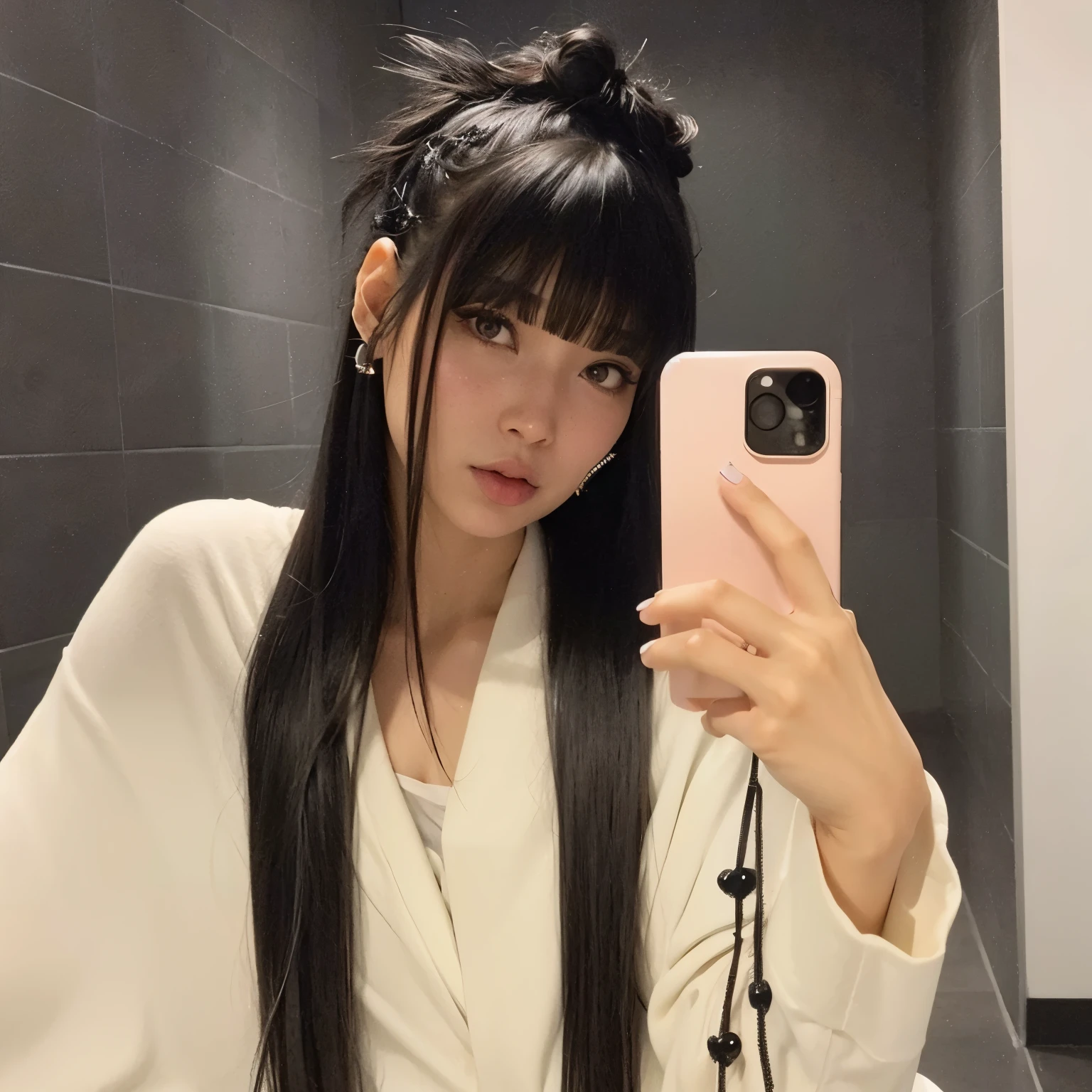Araffe mulher tirando uma selfie em um banheiro com um telefone, long hair com franja completa, long hair com franja, penteado com corte hime branco, o corte Hime, corte de cabelo preto hime, she has black hair com franja, Franja reta longa, com cabelo comprido, long black hair com franja, com franja completa, asian girl com cabelo comprido, com franja