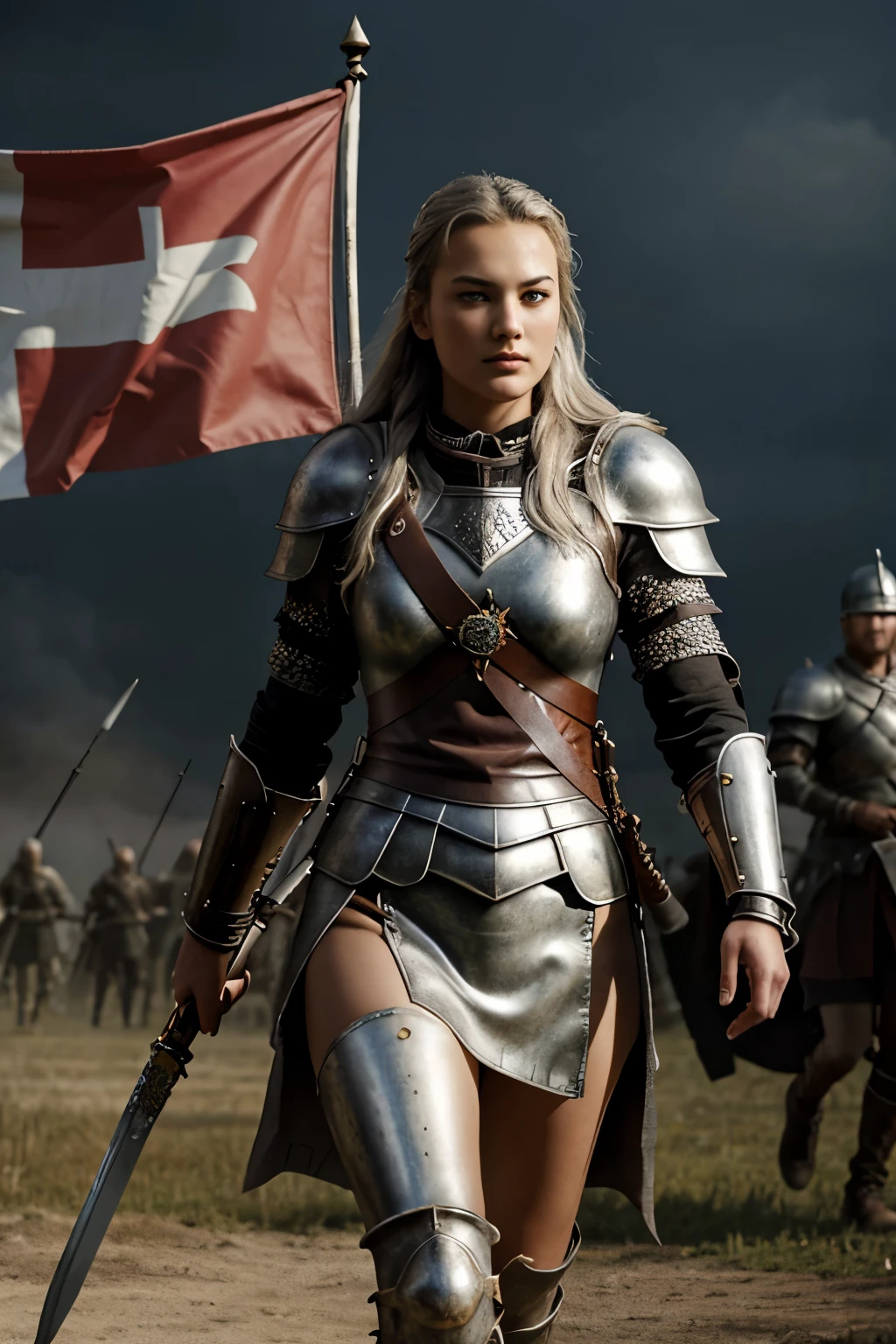 ((best quality)), ((masterpiece)), (detailed) photography, photorealistic:1.4, ultra high resolution, UHD,  girl, Viktorija Ziva, with Long platinum gray hair, highly detailed face: 1.3, Brown eyes, slim, thin, athletic, muscular, fierce expression, jewelry, Full body, a large army in the background, blurred background (on an ancient battlefield, highly detailed revealing sexy Nordic leather and mail armor, Open lips, walking, armed with a large sword, multiple black and red banners waving