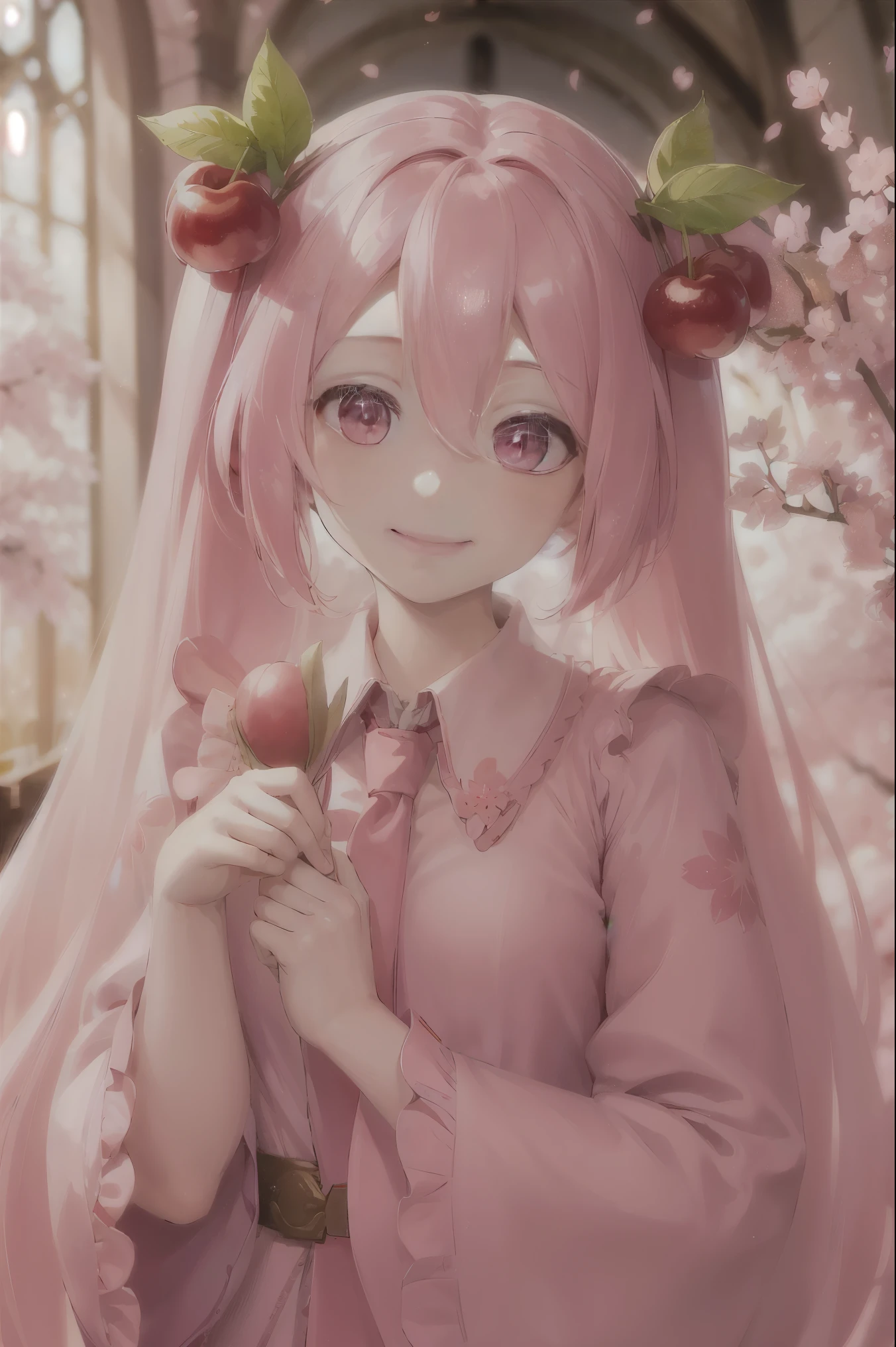 ((best quality)), ((highly detailed)), masterpiece, absurdres, (detailed eyes, deep eyes), (1girl), upper body, Hatsune Miku, Cherry Blossom Miku, very long hair, pink hair, pink eyes, smiling, cherry, cherry blossoms, (in a church, dawn)