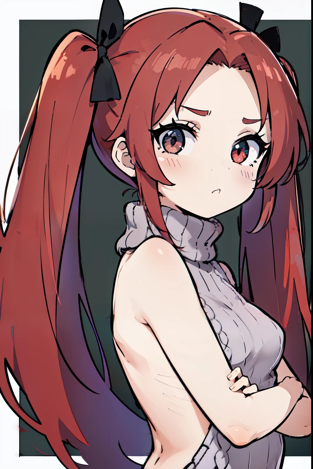 1girl, tsundere, small breasts, (red hair:1.2, twintails, very long hair, open forehead)), black hair ribbons, (sweater, turtleneck sweater, backless sweater, sleeveless, bottomless), standing, (crossed arms), :< expression, pouting, inexpressive, neutral, sfw, ((white background)), anatomically correct, best quality, award winning, highres, 16k, 1080P, HD, masterpiece, accurate, border, outside border, 