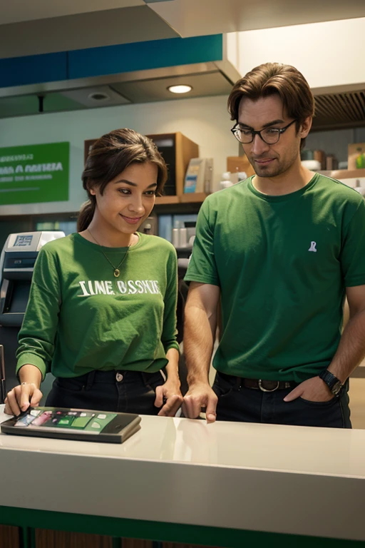 pessoas, Pixar animation style, with little green credit card machines, atendendo clientes, em fundo verde.