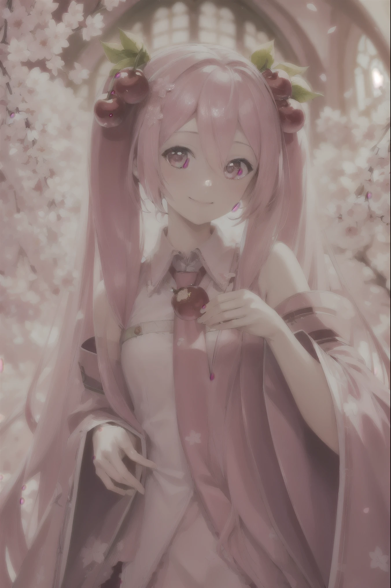 ((best quality)), ((highly detailed)), masterpiece, absurdres, (detailed eyes, deep eyes), (1girl), upper body, Hatsune Miku, Cherry Blossom Miku, very long hair, pink hair, pink eyes, smiling, cherry, cherry blossoms, (in a church, dawn)