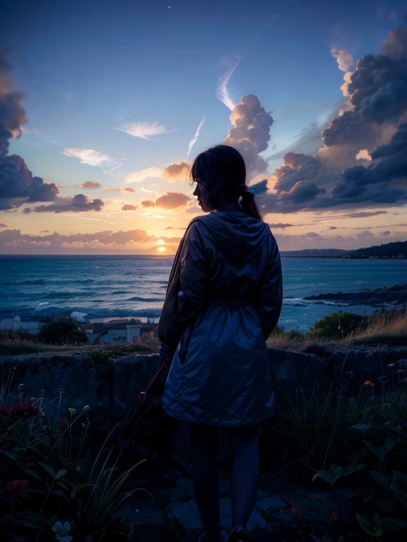 ((silhouette)),1girl, outdoors, night, night sky, sunset, lanscape