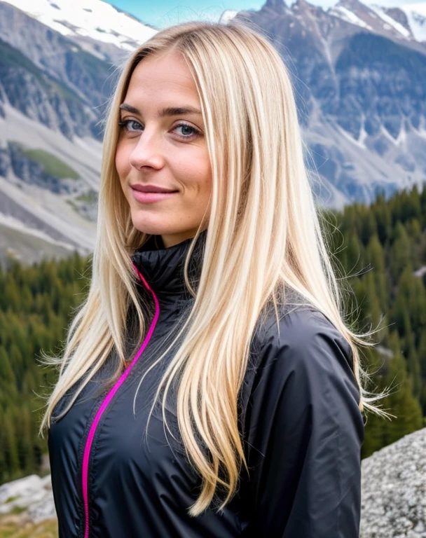 femme de 30 ans, long dark blonde hair, regardant directement dans l'objectif, tres realiste, at the mountain