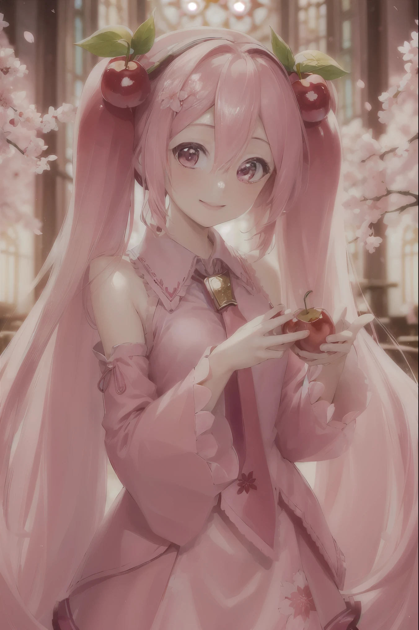 ((best quality)), ((highly detailed)), masterpiece, absurdres, (detailed eyes, deep eyes), (1girl), upper body, Hatsune Miku, Cherry Blossom Miku, very long hair, pink hair, pink eyes, smiling, cherry, cherry blossoms, (in a church, dawn)