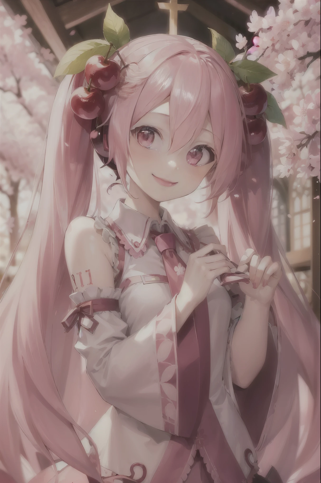 ((best quality)), ((highly detailed)), masterpiece, absurdres, (detailed eyes, deep eyes), (1girl), upper body, Hatsune Miku, Cherry Blossom Miku, very long hair, pink hair, pink eyes, smiling, cherry, cherry blossoms, (in a church, dawn)