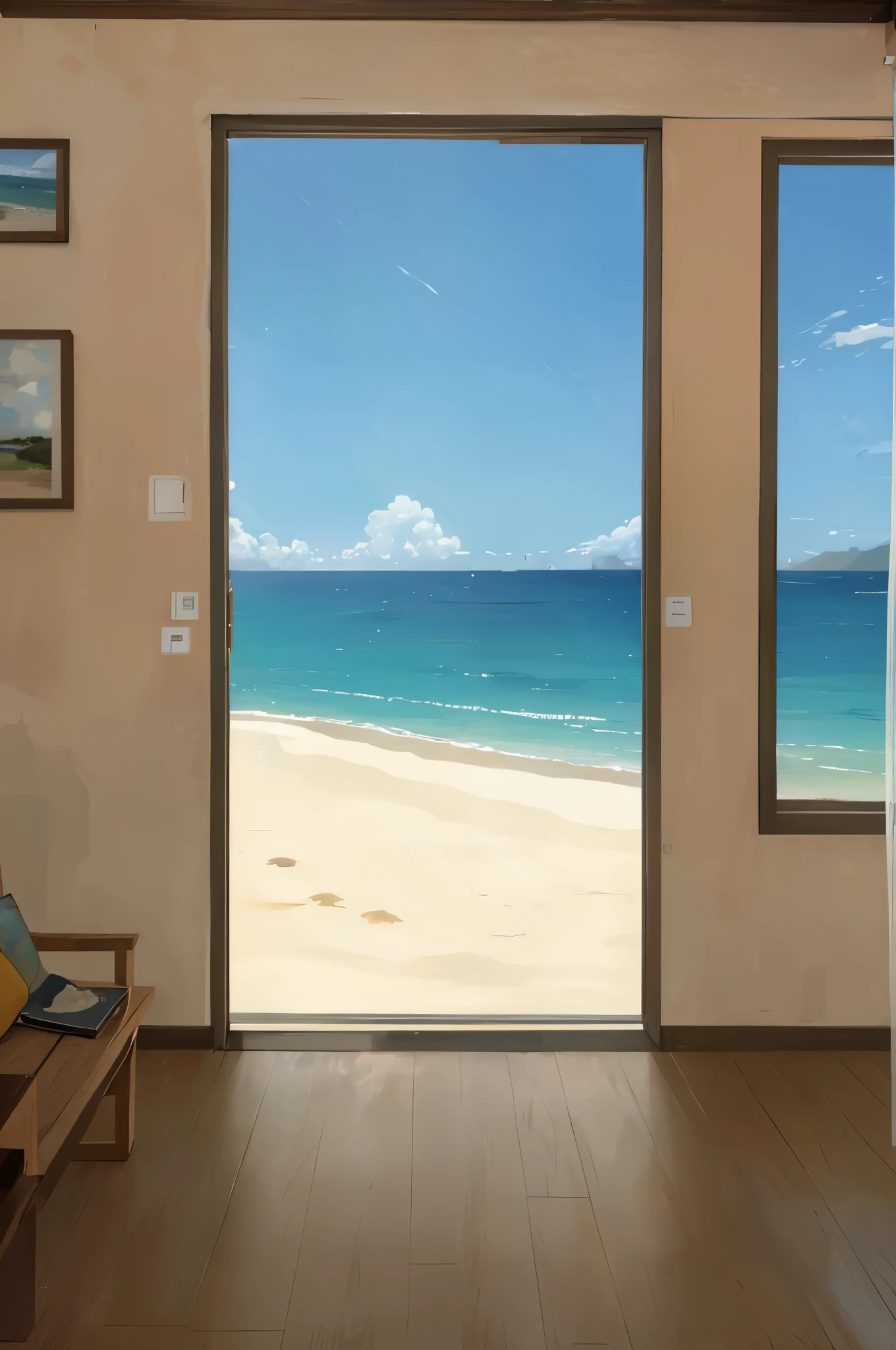 There are two windows with views of the beach and the ocean., hay una ventana al mar, fondo de playa, fondo de ventana abierta ib, fondo junto al mar, looking at the ocean, ocean bottom setting, paisaje de playa, vista del oceano, ocean in the background, con vistas a la playa, mediterranean fondo de playa, frente a la playa, mar de fondo