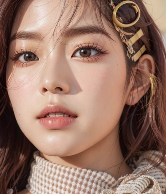 un primer plano de una mujer con una pinza en el pelo, jennie rosa negro, parque roseanne de blackpink, jossi de blackpink, portrait of jossi de blackpink, maquillaje popular de corea del sur, jinyoung shin, maquillaje coreano popular, retrato de jisoo rosa negro, aparcar desde-min, sol yunjoo, Jisoo de Blackpink, foto de revista, bae suzy