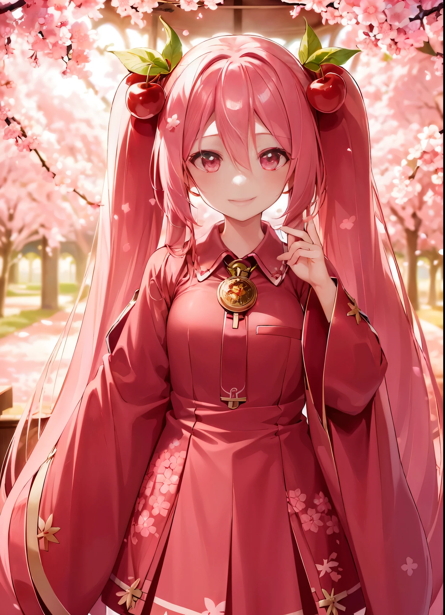 ((best quality)), ((highly detailed)), masterpiece, absurdres, (detailed eyes, deep eyes), (1girl), upper body, Hatsune Miku, Cherry Blossom Miku, very long hair, pink hair, pink eyes, smiling, cherry, cherry blossoms, (in a church, dawn)