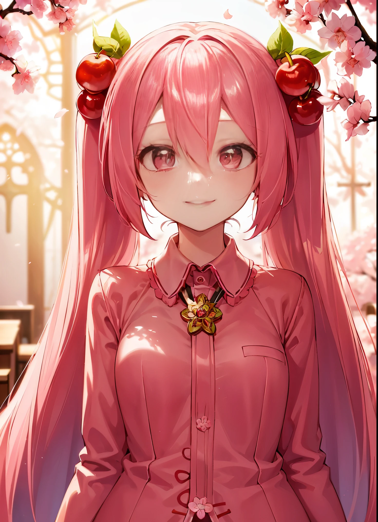 ((best quality)), ((highly detailed)), masterpiece, absurdres, (detailed eyes, deep eyes), (1girl), upper body, Hatsune Miku, Cherry Blossom Miku, very long hair, pink hair, pink eyes, smiling, cherry, cherry blossoms, (in a church, dawn)