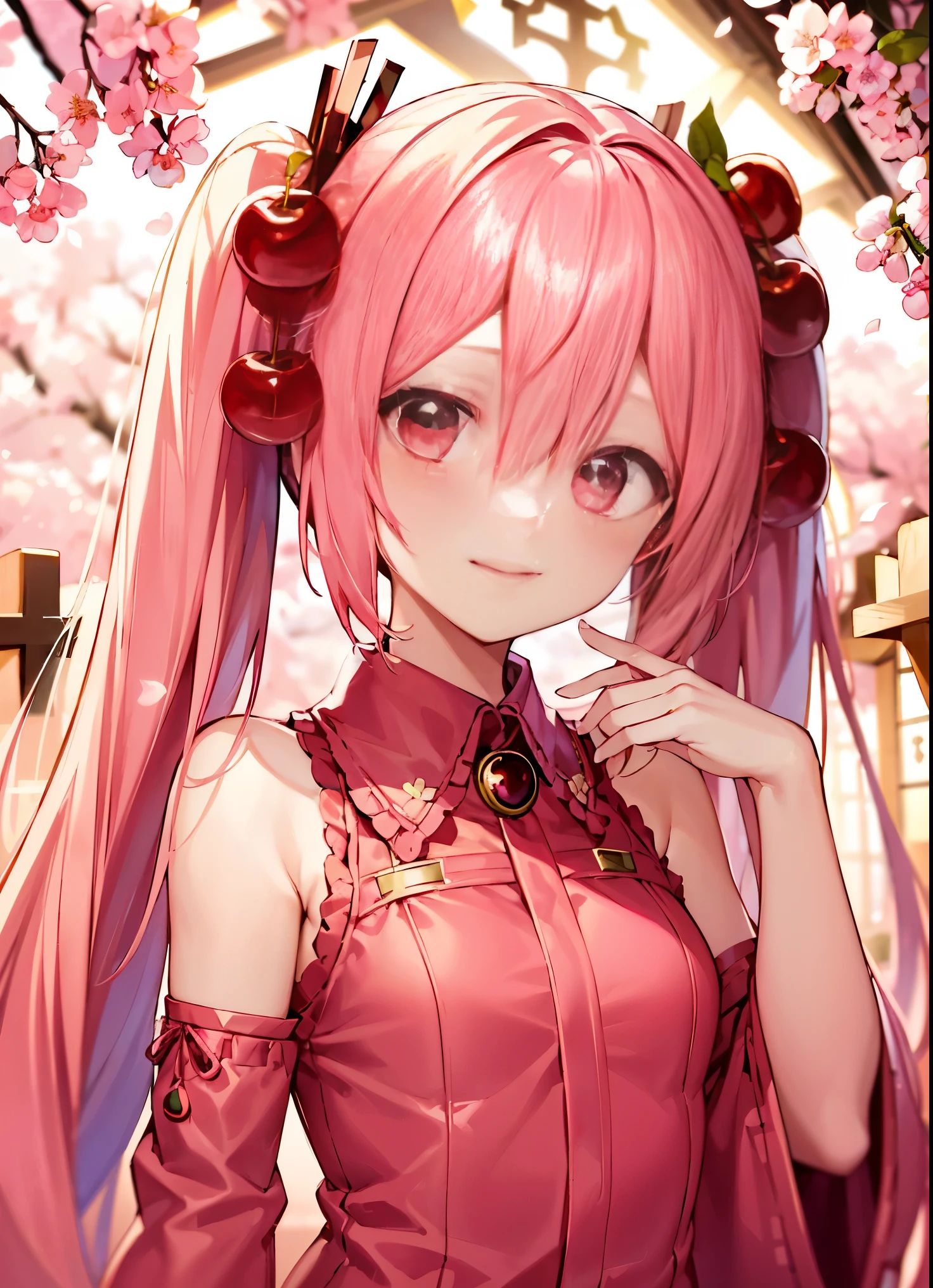 ((best quality)), ((highly detailed)), masterpiece, absurdres, (detailed eyes, deep eyes), (1girl), upper body, Hatsune Miku, Cherry Blossom Miku, very long hair, pink hair, pink eyes, smiling, cherry, cherry blossoms, (in a church, dawn)