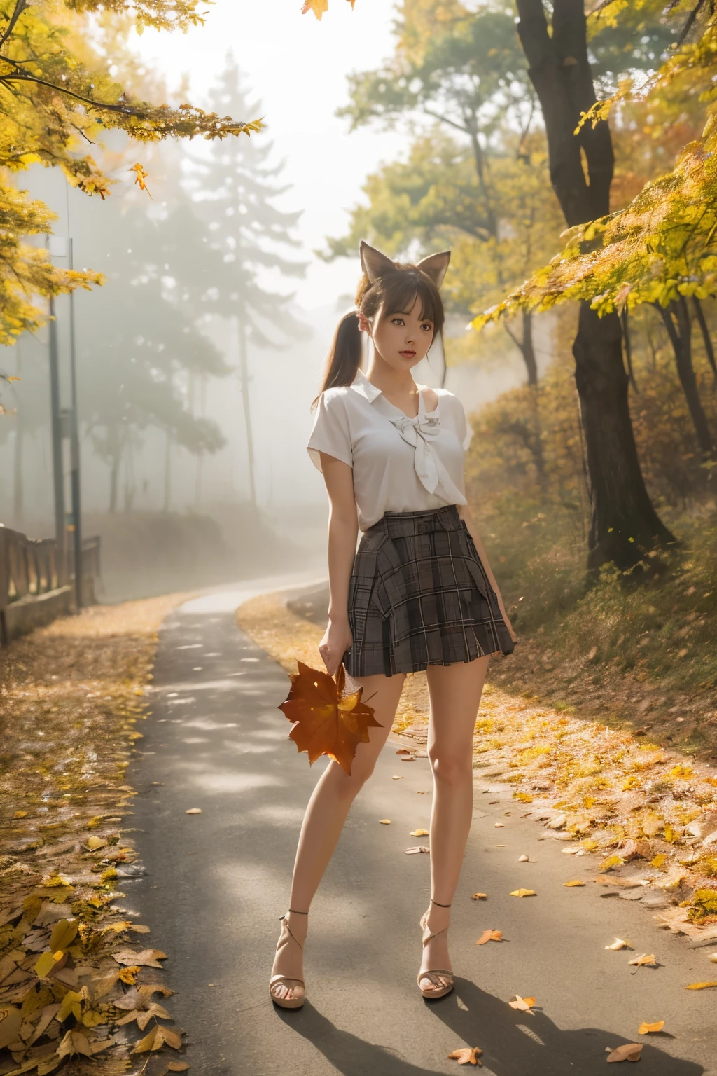 1girl, solo, looking at viewer, sitting, fox ears, full body, strappy heels,plaid shirt, short sleeves,jacket, bow, bangs, low ponytail, blonde hair fox tail, fox girl, kitsune, ((autumn, outdoors, day, forest, falling leaves, bird, leaf)), (fog, dyntall effect), (wide shot, panorama, full body, depth of field),(movie poster,english text),(Flagstone road,branches)