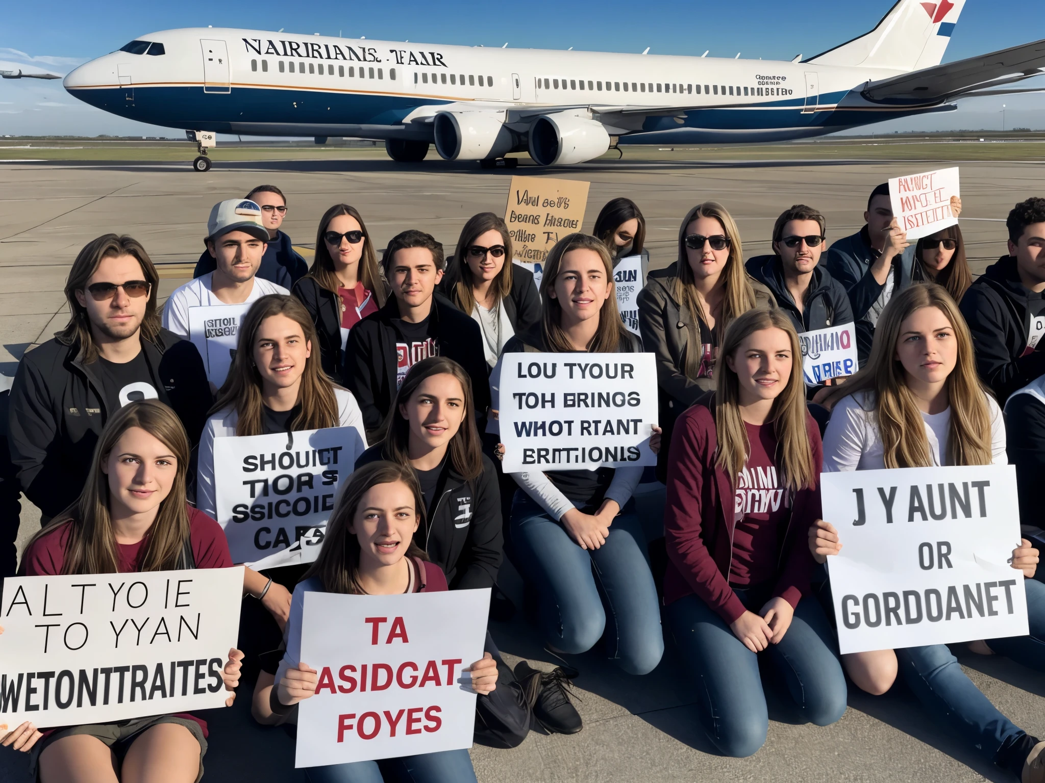 A group of young, white protesters, male and female, holding signs and sitting on an airport runway blocking a jet airliner that is facing them
