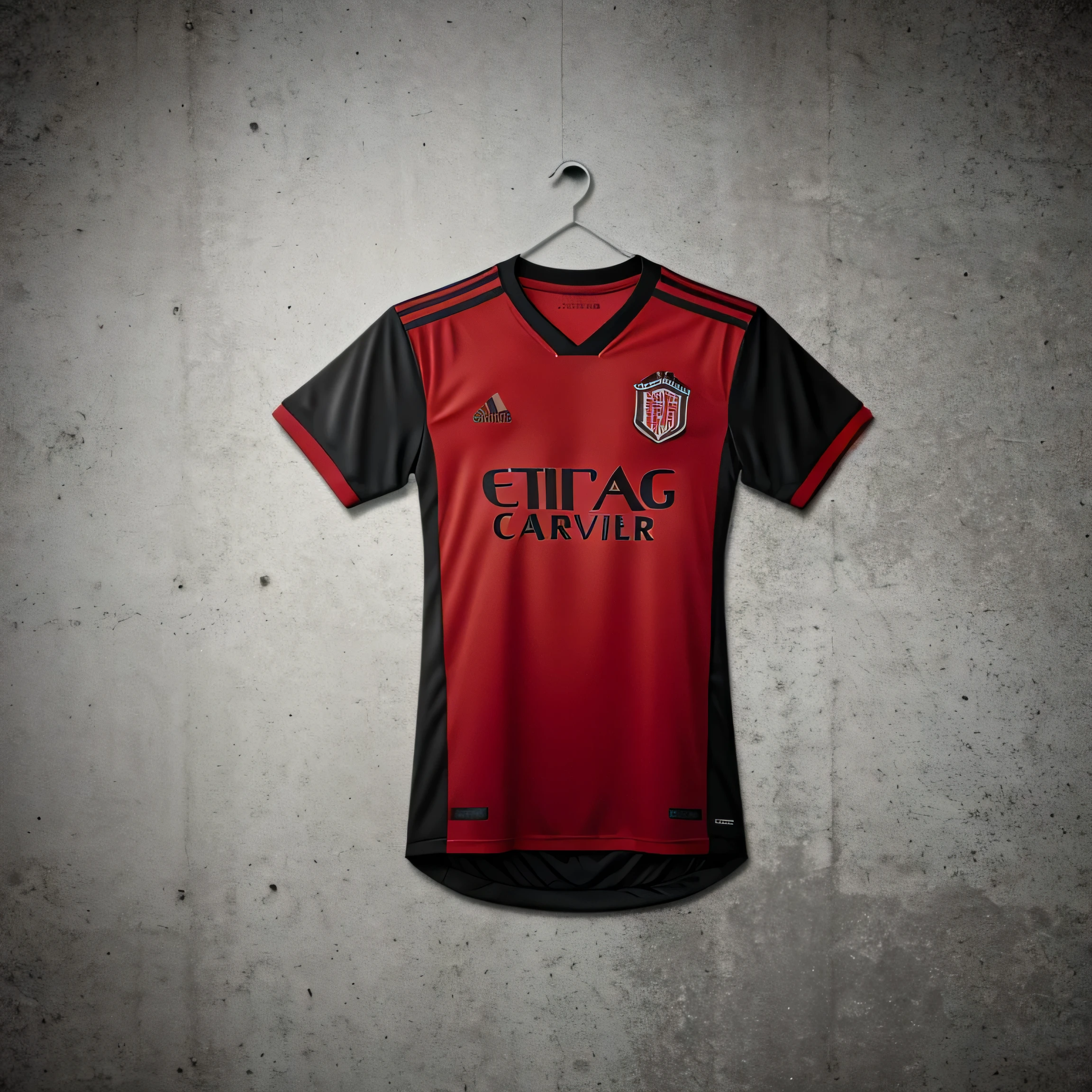 Mockup of an all-red soccer jersey with black details, marca ADIDAS.
