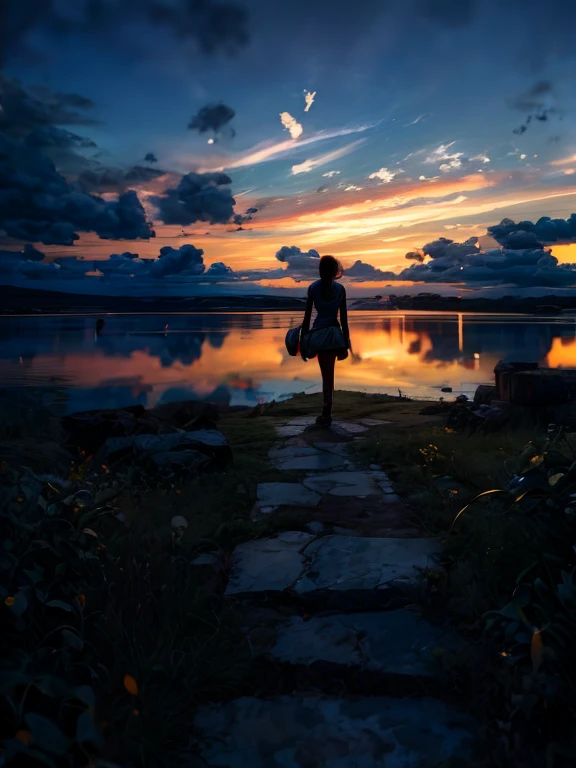 ((silhouette)),1girl, outdoors, night, night sky, sunset, lanscape