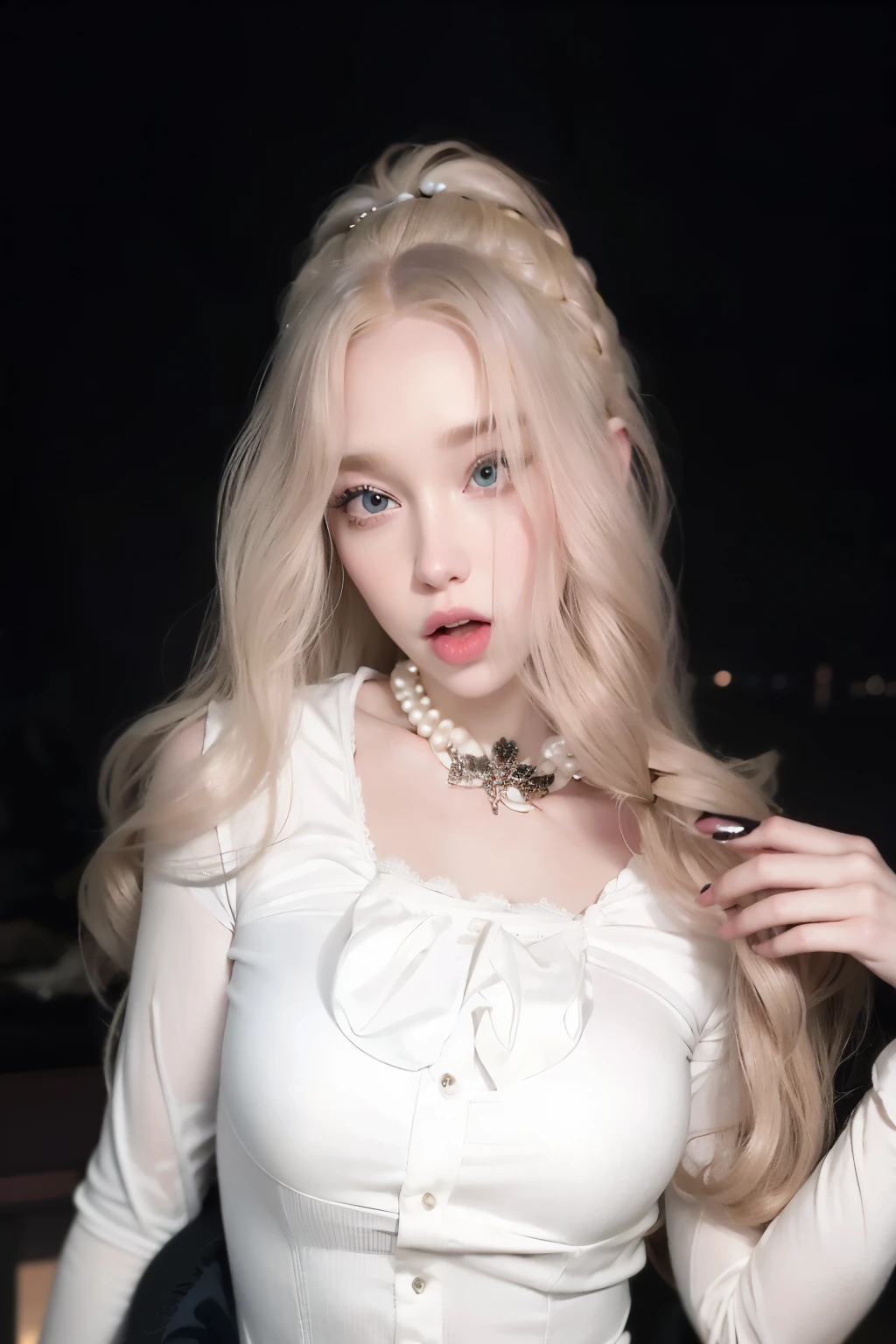 araffe woman with long blonde hair wearing a white shirt and a pearl necklace, pale skin curly blond hair, pale porcelain white skin, portrait of kim petras, with white long hair, leaked image, with long white hair, her hair is white, very very pale blond hair, with long blond hair, extremely pale blond hair, lalisa manobal