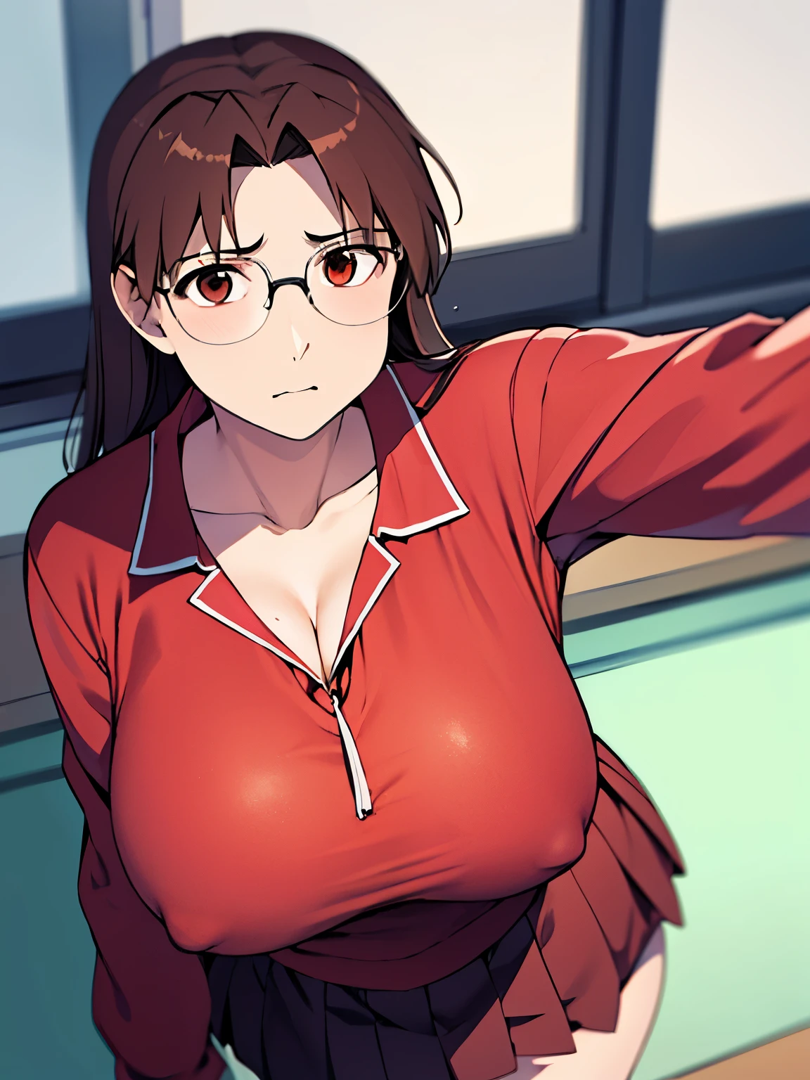 absurdres, highres, ultra detailed, high quality, (1girl:1.3), azumanga daioh's school uniform, huge breasts, brown eyes, brown hair, glasses, mizuhara koyomi, azumanga daioh, long hair, long sleeves, pink shirt, pleated skirt, red skirt, school uniform, serafuku, cleavage, frown, wide hips, thighhighs, breast curtains, curvy, no bra, gigantic breasts, thick thighs, thighs, classroom, masterpiece, collarbone, large breasts, blush, indoors, blurry background, large hips, huge butt, huge tit, underboobs exposed, Plump crotch, Fitness model, Ruddy cheeks, perspire, Sweaty, The whole body is soaked with clothes, Wheezing, Mouth open, Reveal a shy and nervous expression, cleavage